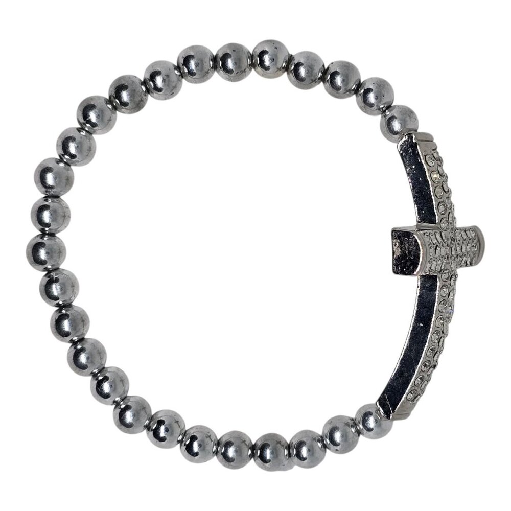 Rhinestone Cross Beaded Stretch Bracelet In Silver Tone - Picture 4 of 7
